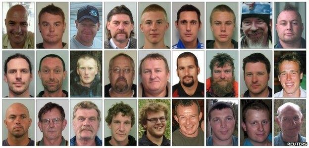 The miners are (top row L to R) Conrad John Adams, 43, Malcolm Campbell, 25, Glen Peter Cruse, 35, Allan John Dixon, 59, Zen Wodin Drew, 21, Christopher Peter Duggan, 31, Joseph Ray Dunbar, 17, John Leonard Hale, 45, Daniel Thomas Herk, 36, (second row L to R) David Mark Hoggart, 33, Richard Bennett Holling, 41, Andrew David Hurren, 32, Jacobus (Koos) Albertus Jonker, 47, William John Joynson, 49, Riki Steve Keane, 28, Terry David Kitchin, 41, Samuel Peter McKie, 26, Michael Nolan Hanmer Monk, 23, (bottom row L to R) Kane Barry Nieper, 33, Peter O"Neill, 55, Milton John Osborne, 54, Brendan John Palmer, 27, Benjamin David Rockhouse, 21, Peter James Rodger, 40, Blair David Sims, 28, Joshua Adam Ufer, 25 and Keith Thomas Valli, 62