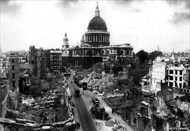 St Paul's Cathedral amid the devastation