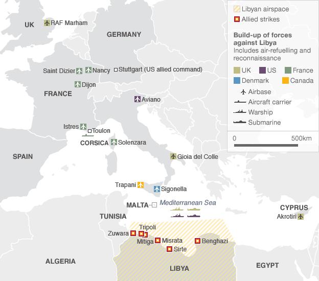 Map showing build up of forces and air strikes