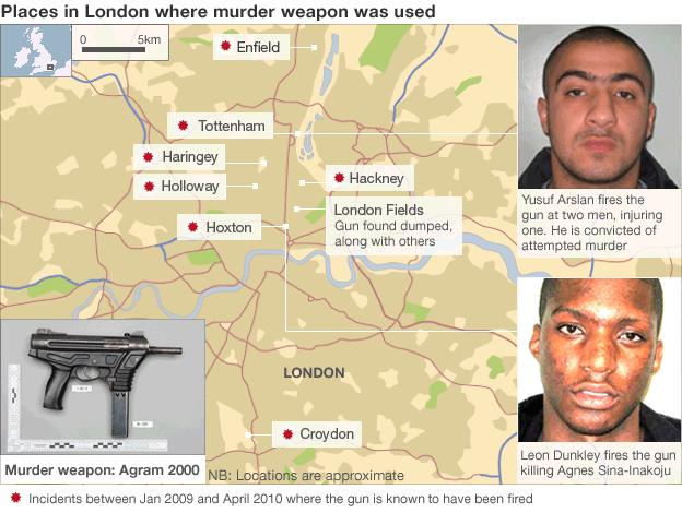 Map showing other occasions when the gun that killed Agnes Sina-Inakoju was know to have been fired