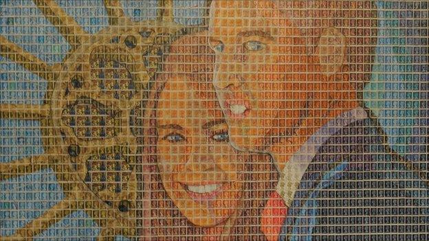 Portrait of Prince William and Kate Middleton made out of 3000 used postage stamps