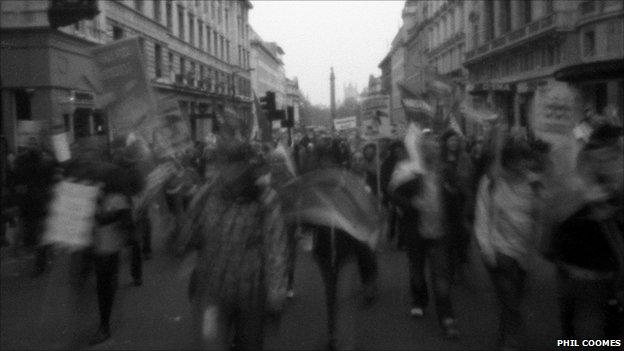 Pinhole photograph of the anti-cuts march organised by the TUC in London, 26 March 2011