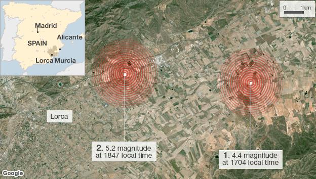 Map of Spain showing earthquake zone