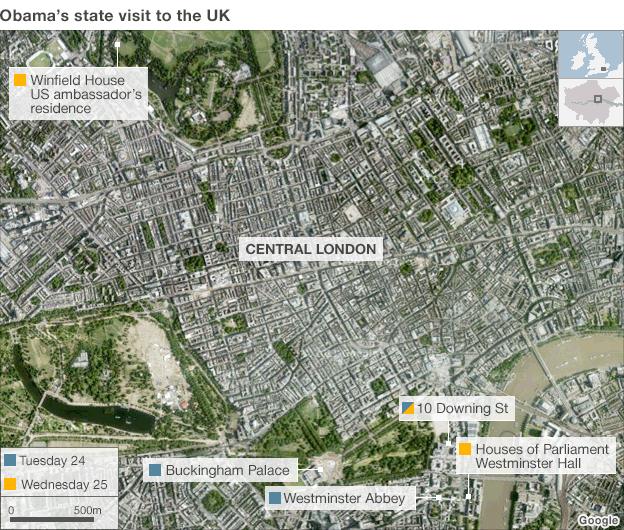 Map of Obama's visit to London