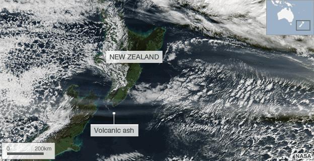 Satellite image showing ash cloud over New Zealand