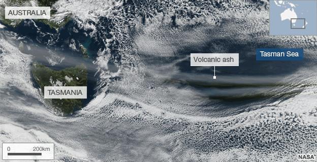 Satellite image showing ash cloud over Tasmania