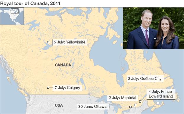 Map showing the itinerary of the Duke and Duchess of Cambridge's visit to Canada