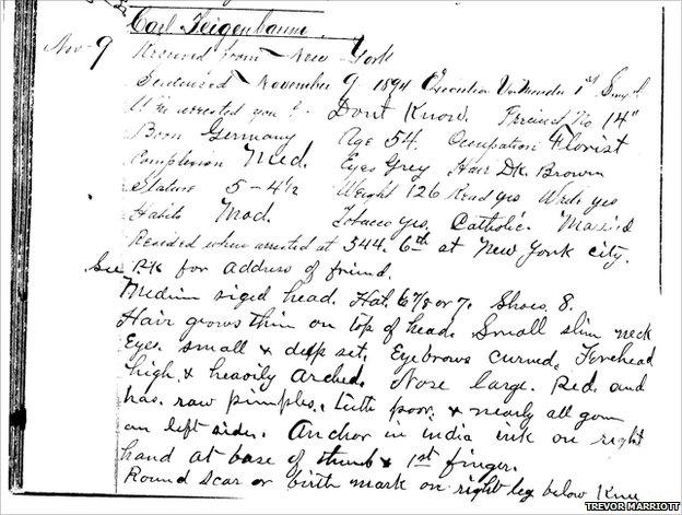 Prison record describing Feigenbaum (photo courtesy Trevor Marriott)