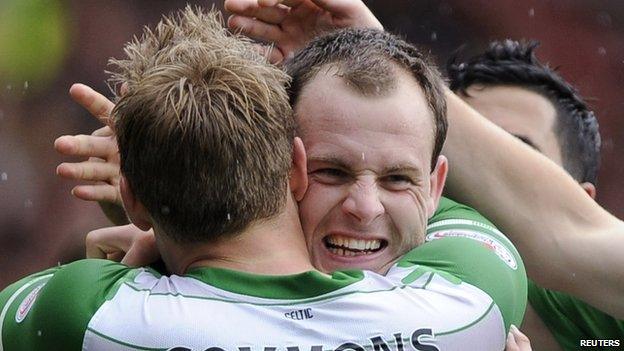 Celtic's Anthony Stokes celebrates scoring the winning goal against Aberdeen in the SPL