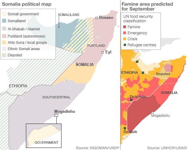 Map of food shortages and territorial divide in Somalia