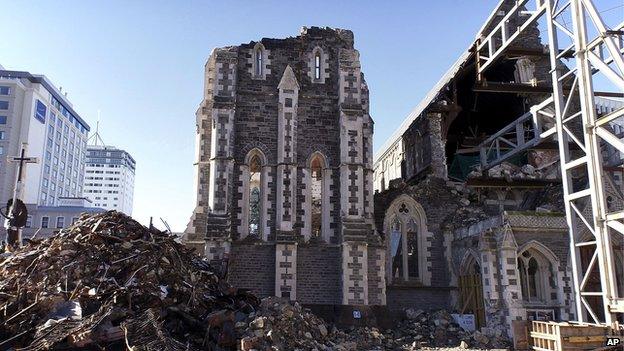 Ruins of a cathedral in Christchurch, New Zealand.