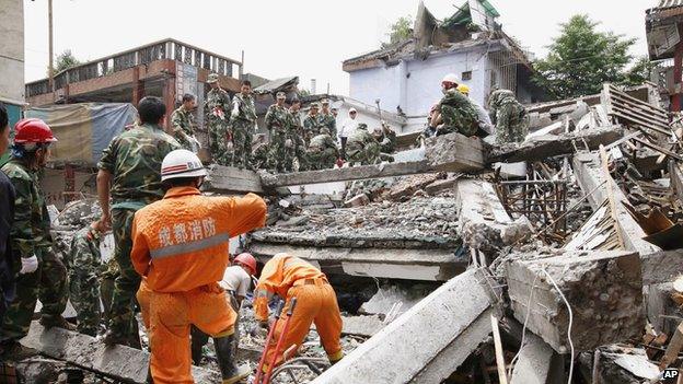 Rescue workers in action after an earthquake in China.