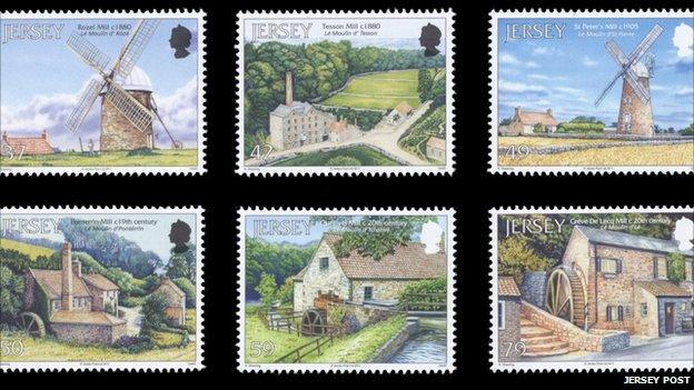 Stamps from the Jersey Post Mills set