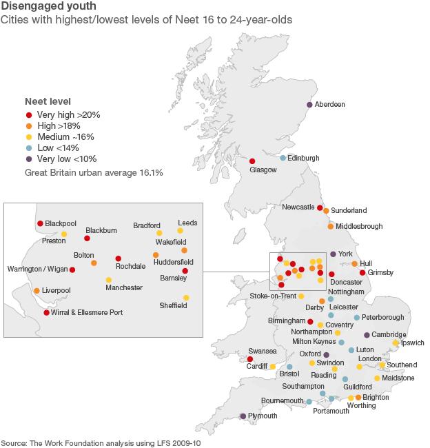 Neet blackspots in Great Britain (Northern Ireland not shown as it was not included in the study)