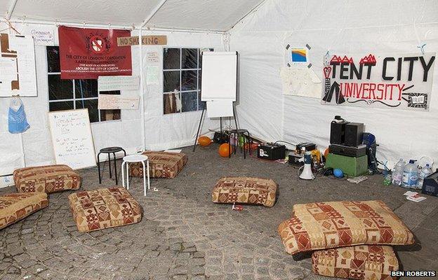 Tent City University at St Paul’s Camp. The space is used for a daily series of lectures, run by both camp residents and visiting speakers.