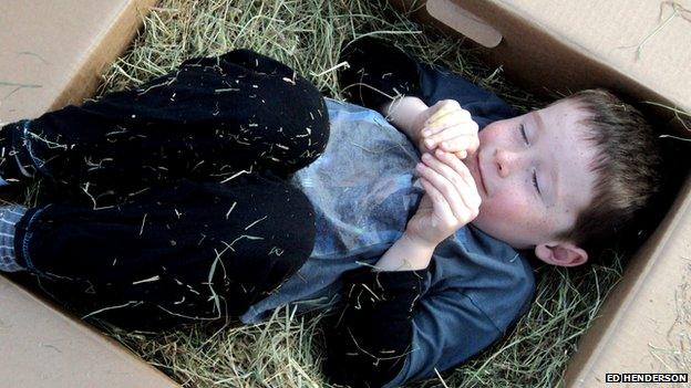 boy lying in a box of straw
