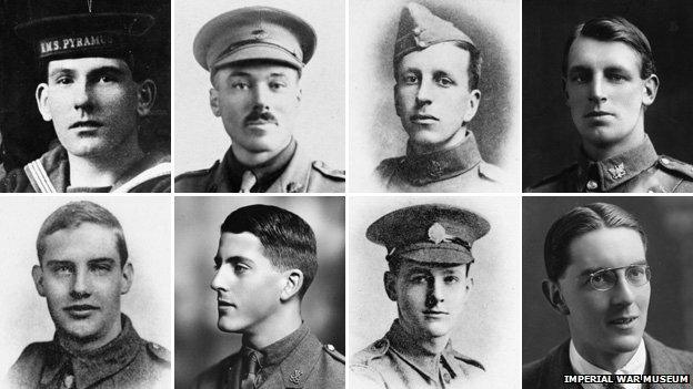 Clockwise from left: Stoker Petty Officer Harold Jordan, Major James Harcus, 2 Lieutenant Maurice Sharpe, Sergeant George Tinsley Thompson, Private Thomas Newton, 2 Lieutenant John Homfray Addenbrooke, Lance Corporal Adams, 2 Lieutenant Ernest Bertram Nelson