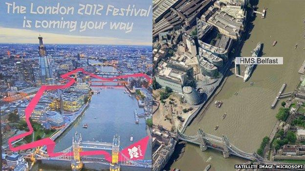 Composite image of poster and satellite image showing HMS Belfast