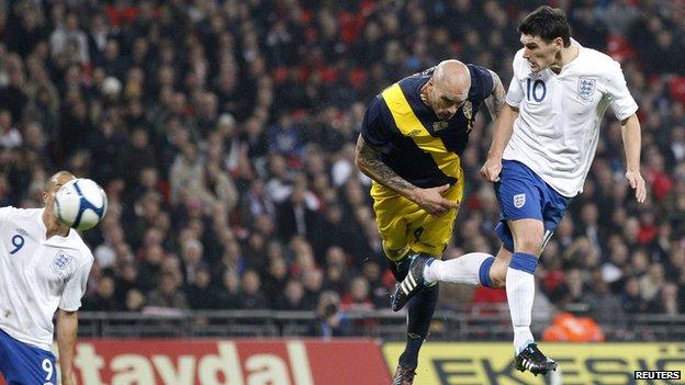 Gareth Barry scoring against Sweden at Wembley