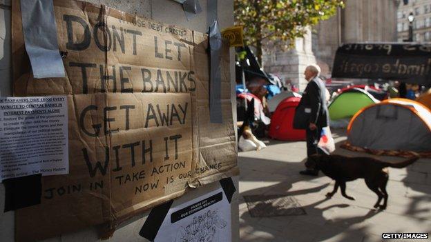 Poster saying 'don't let the banks get away with it' outside st paul's cathedral