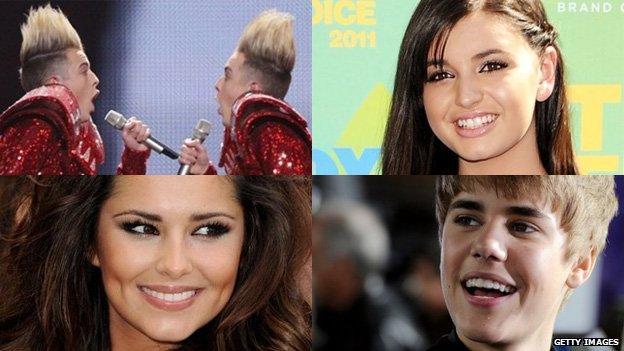 Some of the names that made the entertainment headlines in 2011 - Jedward, Rebecca Black, Cheryl Cole and Justin Bieber