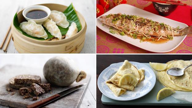 (clockwise) Dumplings, steamed fish, pancakes, haggis