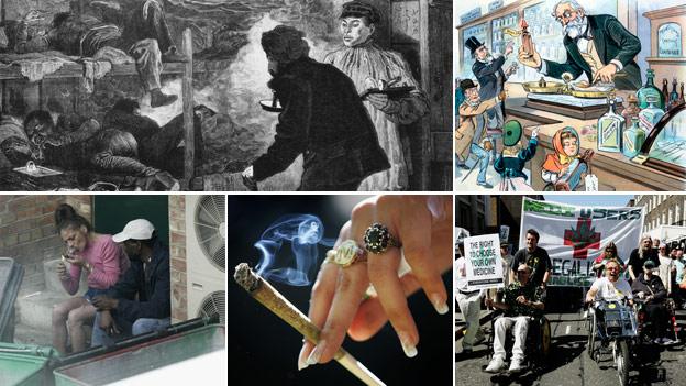 Clockwise from left: opium den (Getty Images); cartoon of pharmacist selling opium (SPL); 2005 medicinal cannabis protest (Getty); a joint (Getty); drug users sheltering behind bins (Getty)