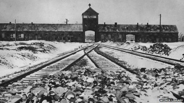 Gate tower, ramp and railway line at Auschwitz