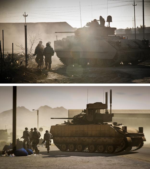 US soldiers of 1ID during IED clearing operation supported by armour in Ramadi, Anbar province, Iraq by John Cantlie (top) Still from the game Arma 2 (bottom)