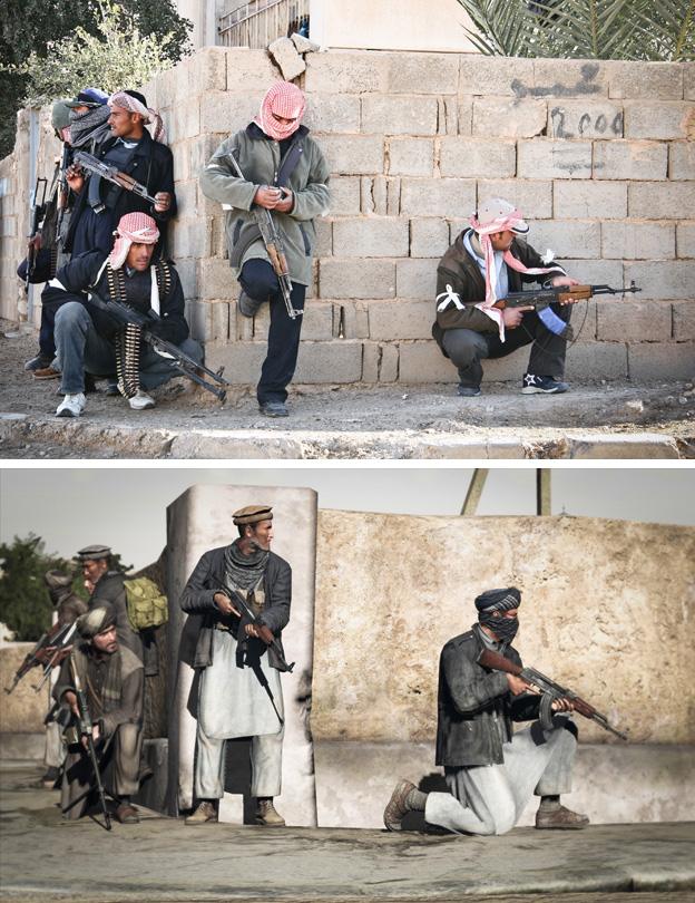 Iraqi militia wait for orders to advance through a city block during operation in Ta’meem district of Ramadi, Iraq by John Cantlie (top) Still from the game Arma 2 (bottom)