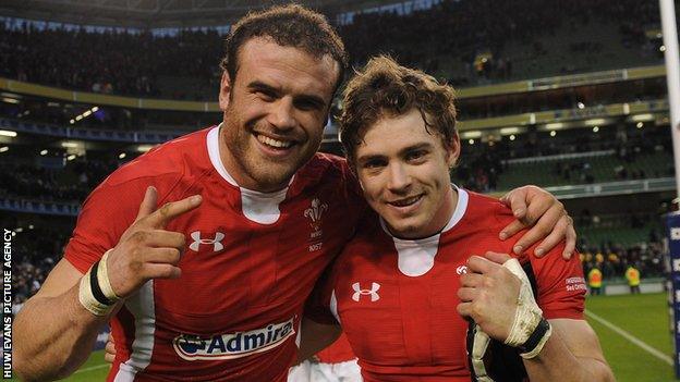 Jamie Roberts and Leigh Halfpenny celebrate Wales' win in Ireland