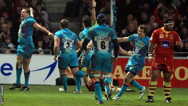 Exeter Chiefs celebrate a win over Perpignan in the Amlin Cup