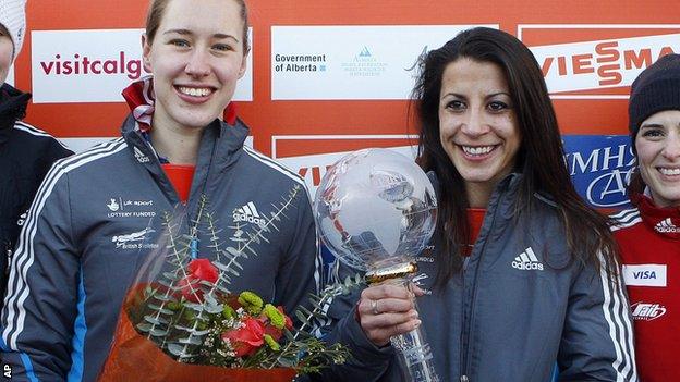 Yarnold and Rudman on the podium at the Calgary World Cup race