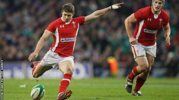 Leigh Halfpenny kicks for goal against Ireland