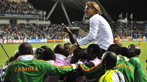 Zambia coach Herve Renard is hoisted aloft by his players after winning the Africa Cup of Nations