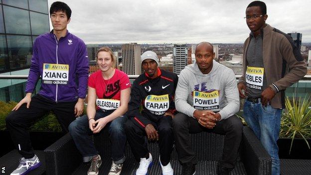 China's Liu Xiang, Great Britain's Holly Bleasdale and Mo Farah, Jamaica;s Asafa Powell and Cuba;s Dayron Robles