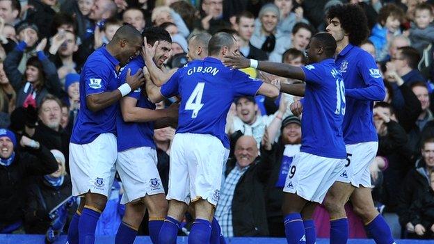 Everton celebrate taking a 2-0 lead against Blackpool