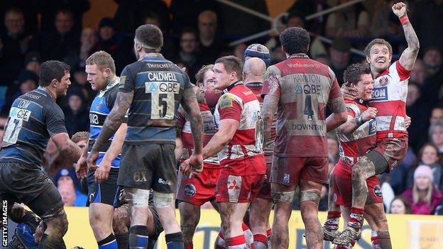 Rory Lawson of Gloucester celebrates victory against Bath in their Premiership clash at The Rec