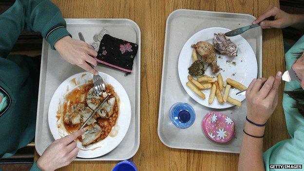 Girls eating school dinner