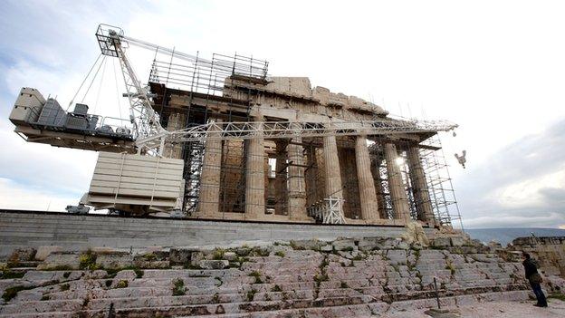 Parthenon (ancient Greek building) covered in scaffolding