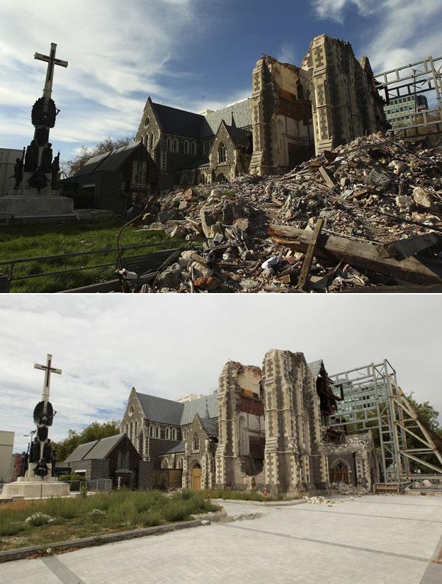 Cathedral supported by scaffolding with rubble and without rubble