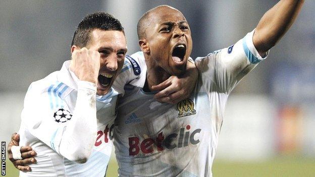 Andre Ayew (right) celebrates with Morgan Amalfitano