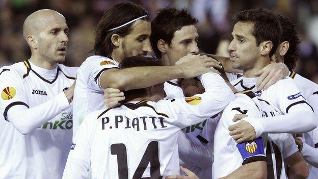 Valencia players celebrate their goal