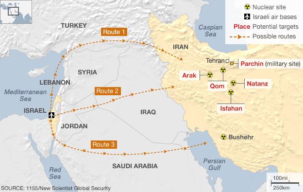 Map showing possible routes Israeli aircraft might take to bomb Iranian nuclear sites