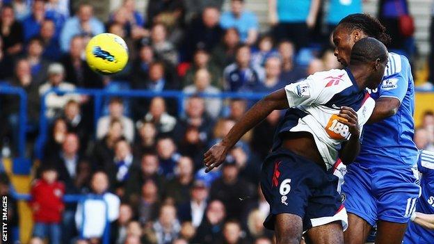 Didier Drogba heads Chelsea's second goal against Bolton