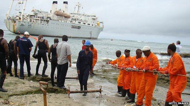 Workers in Mombasa haul a fibre optic cable when it was put in place in 2009