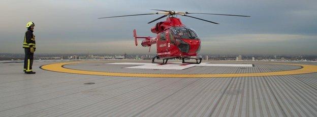 London's Air Ambulance is based during the day on top of the new premises of the Royal London Hospital