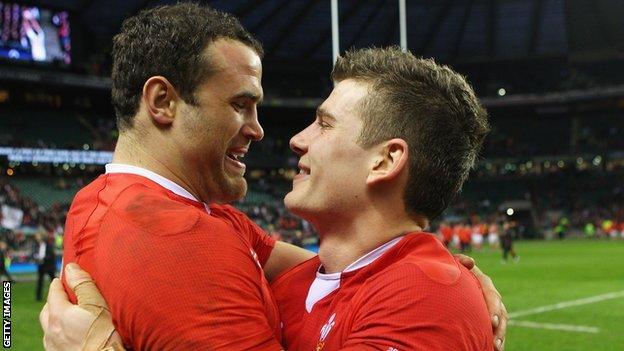 Jamie Roberts and Scott Williams celebrate after Wales' Triple Crown win over England