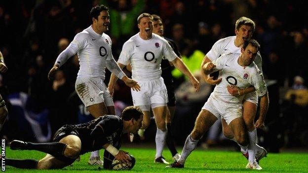 England player Charlie Hodgson celebrates his try during the RBS Six Nations game between Scotland and England at Murrayfield