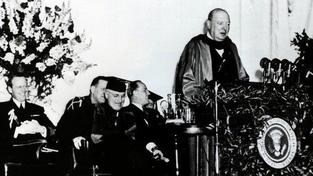 Winston Churchill delivering his famous "'iron curtain" speech, at Westminster College, in Fulton, Missouri, in 1946